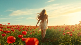 红色罂粟花海长发美女背影图片